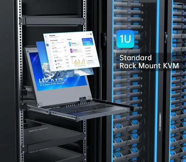 Alt view image 3 of 5 - Rack Mount KVM w/17.3" LCD Monitor, 8 Port HDMI LCD KVM Switch 1920x1080@60Hz for 1U 19" Rack Supports OSD Menu/Hotkey, with 8 KVM Cables + Keyboard + Touchpad