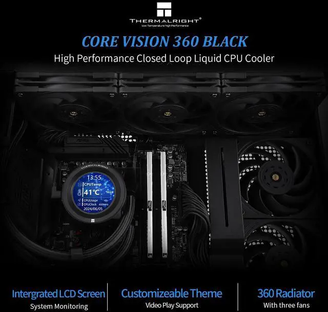Alt view image 2 of 5 - Thermalrlght CORE Vision 360 Black CPU Water Cooler,3 PWM Fans Water Cooling System with 2150PRM,for AM4/AM5&Intel LGA1851/1700, Magnetic Detachable LCD Screen with 480 * 480 Resolution