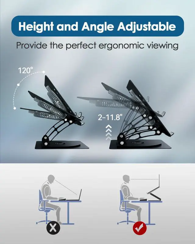 Alt view image 3 of 5 - SHUWEI Laptop Cooling Stand with 3 Speed Fan, Adjustable Height & Angle, 360 Rotation Base, Carbon Steel Framework, Ultra-Quiet & Super Sturdy for up to 16"Laptop - Black