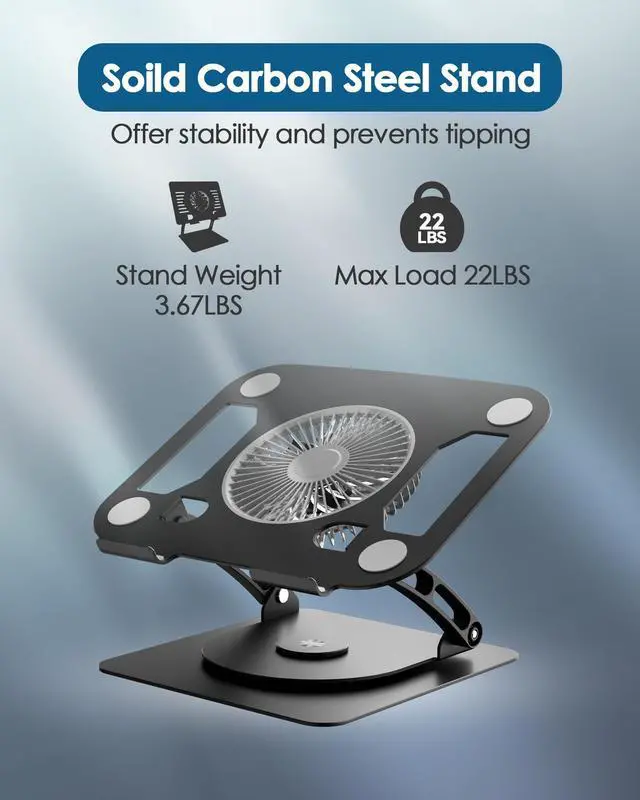 Alt view image 5 of 5 - SHUWEI Laptop Cooling Stand with 3 Speed Fan, Adjustable Height & Angle, 360 Rotation Base, Carbon Steel Framework, Ultra-Quiet & Super Sturdy for up to 16"Laptop - Black