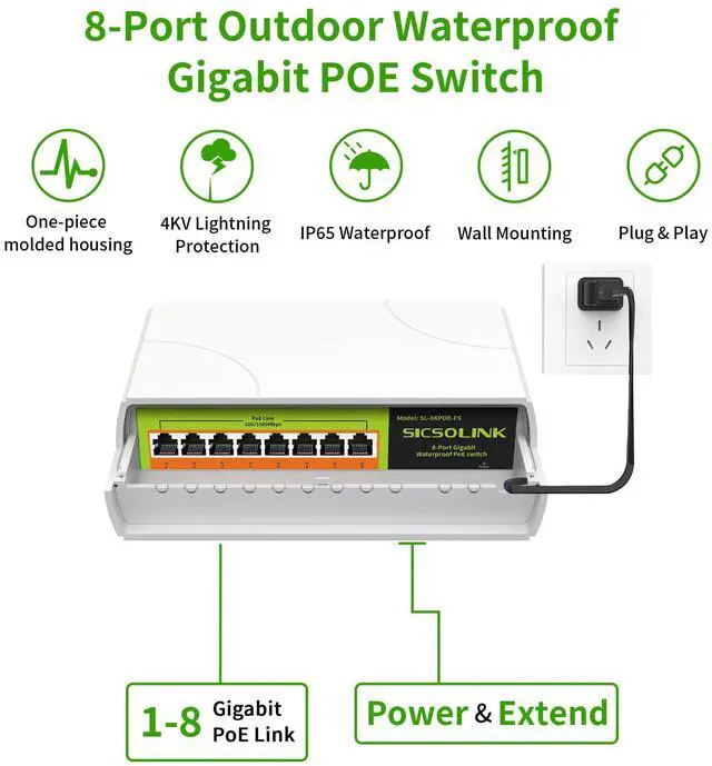 Alt view image 2 of 5 - Gigabit POE Switch Waterproof 8 Port,Power Over Ethernet Total 120w, 1000Mbps, Compliant with IEEE802.3af/at, Outdoor POE+ Network Switch Plug & Play Unmanaged (8 gigabit poe Ports)