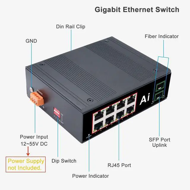 Alt view image 2 of 5 - Industrial 10 Ports Gigabit Ethernet Switch Hardened 8 Port RJ45 + 2 SFP 10/100/1000Mbps Network Switch Din Rail RJ45 Fiber Switch -40 to 176 oF Din-Rail Mount Ethernet Hub