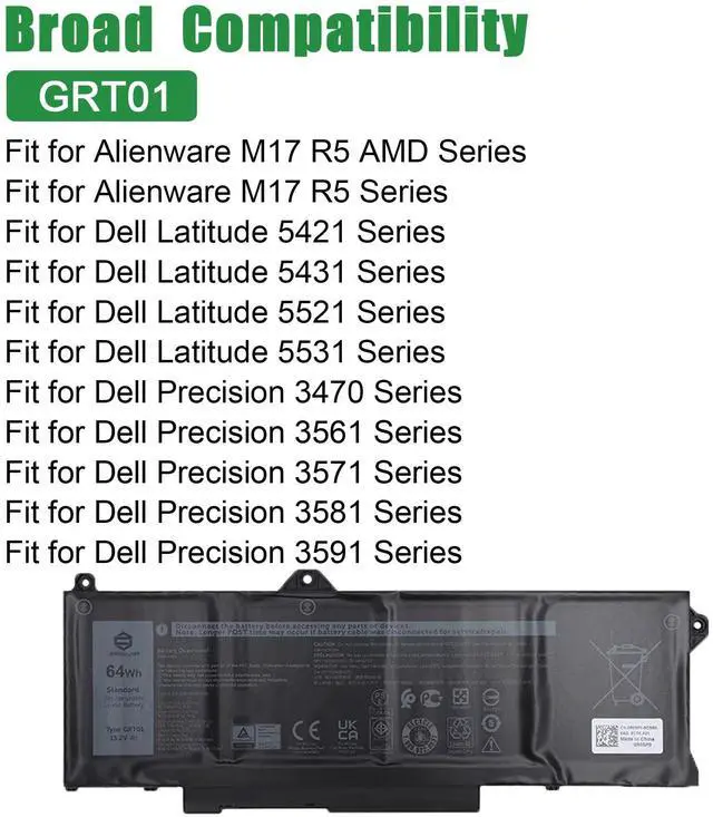 Alt view image 4 of 5 - JIAZIJIA GRT01 Laptop Battery Replacement for Dell Latitude 5421 5431 5521 5531 Precision 3470 3561 3571 3581 3591 Series Notebook 00P3TJ 0P3TJ 0R05P0 R05P0 Black 15.2V 64Wh 4000mAh