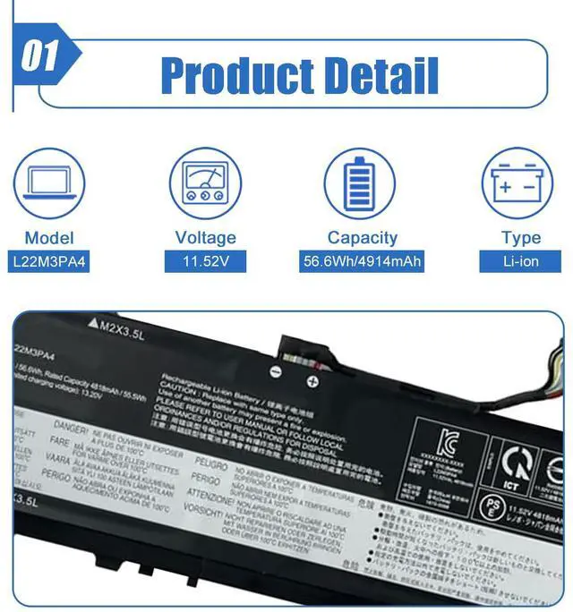 Alt view image 2 of 5 - Dentsing L22M3PA4 56.6Wh Battery Replacement for Lenovo IdeaPad Slim 5-14IRL8 5-14ABR8 5-14IAH8 5-16IRL8 5-16ABR8 5-16IAH8 Series SB11K39354 SB11N45411 SB11K39351