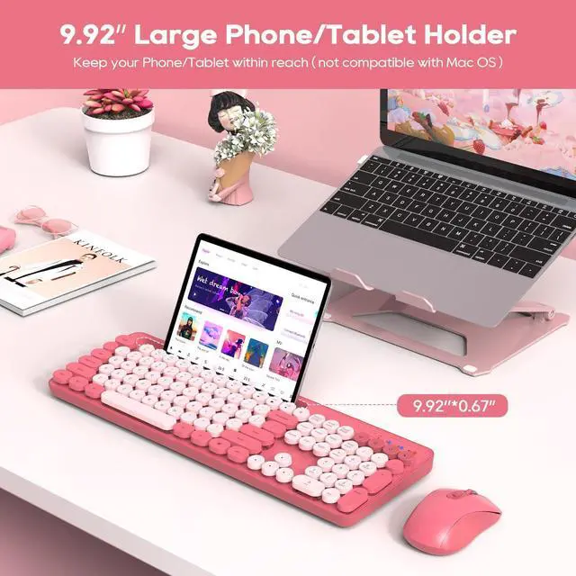 Alt view image 2 of 5 - 2 Pack Wireless Keyboard and Mouse - Cute Typewriter Keyboard with Retro Round Keycaps, Foldable Legs, 2.4GHz Full-Size Keyboard for PC, Laptop, Windows