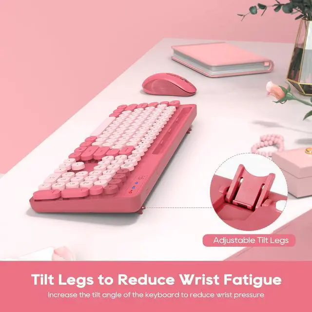 Alt view image 4 of 5 - 2 Pack Wireless Keyboard and Mouse - Cute Typewriter Keyboard with Retro Round Keycaps, Foldable Legs, 2.4GHz Full-Size Keyboard for PC, Laptop, Windows
