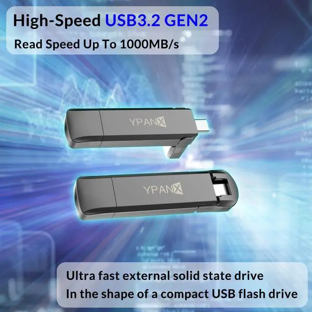 Alt view image 4 of 5 - YPANX 1 TB Pro Portable SSD, 1000MB/s Speed, USB 3.2 Gen 2 + Type C Dual-Port, Lightweight External SSD for iPhone 15/16/Pro, Android, Windows, Mac, Tablets