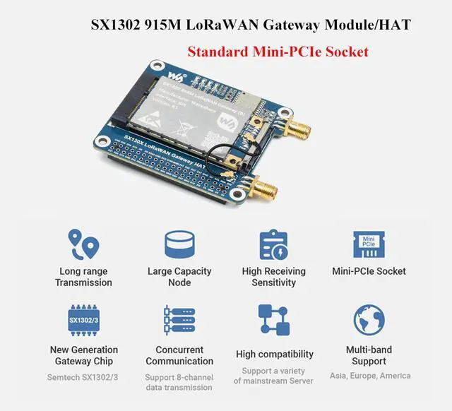 Alt view image 3 of 5 - SX1302 915M LoRaWAN Gateway HAT Compatible with Raspberry Pi 5/4B/3B/Zero/Zero W/Zero 2W/Pico/Pico W/Pico 2, Mini-PCIE Socket, Long Range Transmission, Large Capacity