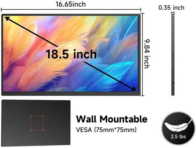 Alt view image 5 of 5 - qaf Portable Monitor 18.5 inch, 100HZ 1080P 100% sRGB, Ultra-Slim & Lightweight Frameless FHD IPS HDR Gaming Display, Travel Second Monitor for Laptop with VESA & Speakers, Black