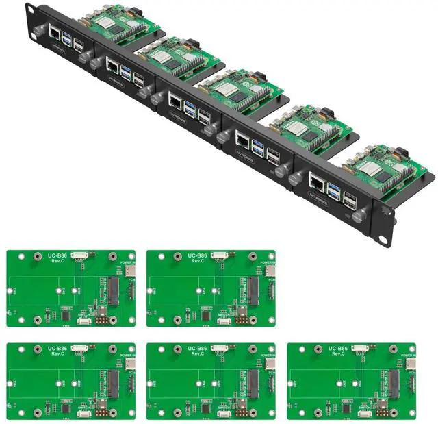 Main image of UCTRONICS 1U Rack Mount for Raspberry Pi 5, 19" Server Rack with 5 PCIe to M.2 NVME SSD Adapters, Support Up to 5 Pi 5