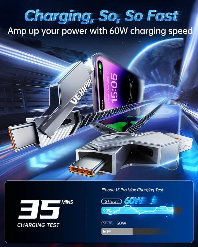 Alt view image 4 of 5 - Vexipia 4-in-1 5FT 60W 90 Degree USB C Cable (Grey) with 5FT 60W USB C Cable Bundle