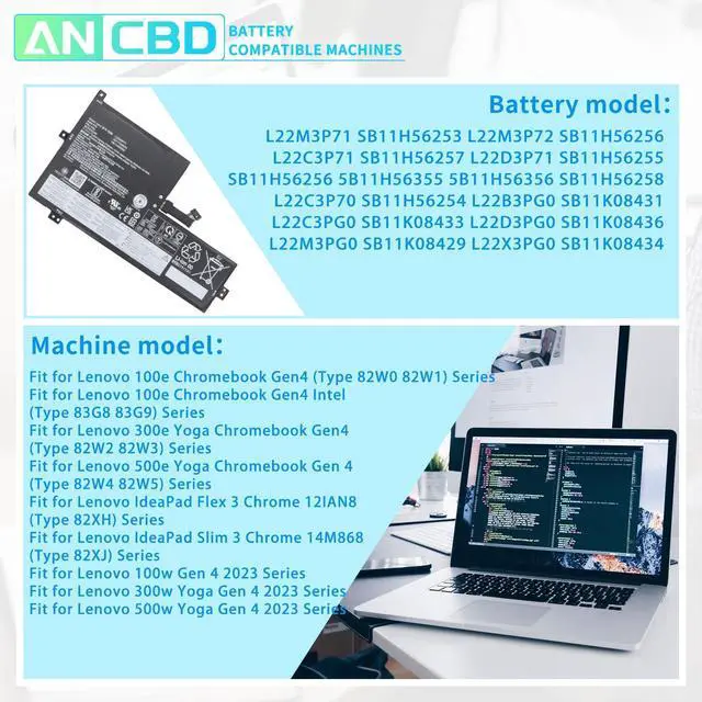 Alt view image 5 of 5 - L22M3P71 Laptop Battery for Lenovo 100e 300e 500e Chromebook Gen4 Series/100w 300w 500w Gen 4 2023 Series L22M3P72 L22C3P71 L22D3P71 L22C3P70 L22B3PG0 L22C3PG0 L22D3PG0 L22M3PG0 L22X3PG0 11.31V/47Wh
