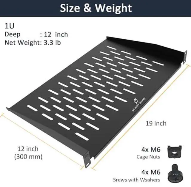 Alt view image 2 of 5 - ZC HAPPY ORANGES 1U Server Rack Shelf 19-Inch Universal Vented Rack Mount Cantilever Server Cabinet Shelf Duty Steel - Weight Capacity 50lb/23kg 12" Deep,Black (1U 12 inch Deep)
