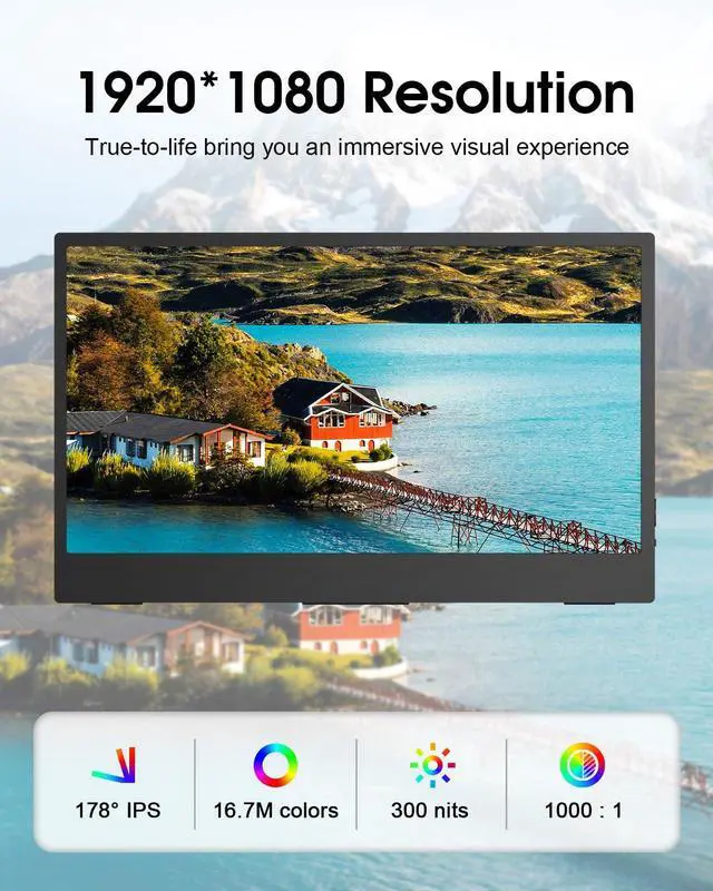 Alt view image 3 of 5 - Viyivwine Portable Touchscreen, 14.1'' 1080P FHD IPS HDR Travel Monitor w/Kickstand & Dual Speakers, HDMI USB C Second External Monitor for Laptop/PC/Mac/Phone/Xbox Switch/PS4/5