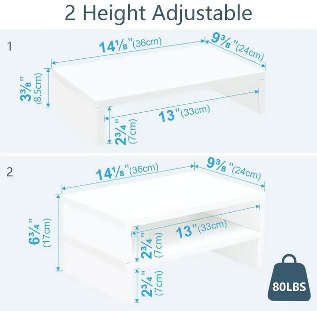 Alt view image 5 of 5 - TEAMIX 2 Tier White Wooden Laptop Stand and 1 Pack 20 inch White Monitor Stand Riser for Computer Desk Home Office Organization.