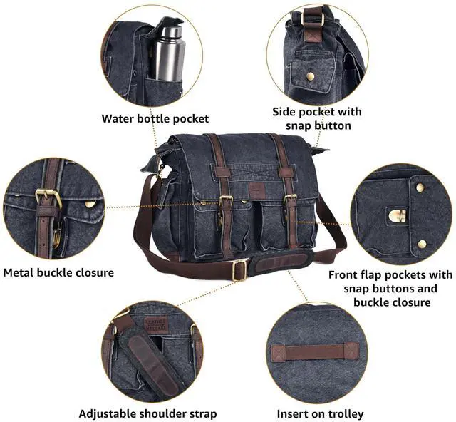 Alt view image 4 of 5 - LEATHER VILLAGE Vintage Canvas Messenger Bag - 16 Inch Handmade Laptop Shoulder Bag for Men & Women - Crossbody Work Bag for Office, Travel & Daily Use - Grey