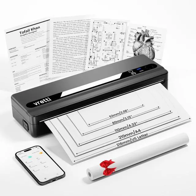 Main image of vretti Portable Printer-Wireless A4 Thermal Printer for Travel,Home and Office,Compatible with iOS, Android & Laptop, Support US Letter&A4&B5