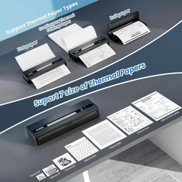 Alt view image 3 of 5 - vretti Portable Printer-Wireless A4 Thermal Printer for Travel,Home and Office,Compatible with iOS, Android & Laptop, Support US Letter&A4&B5