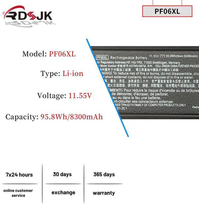 Alt view image 2 of 5 - PF06XL PF06 Laptop Battery for HP Omen 17-w100 17t-w100 17-w100ng 17-w110ng 17-w131ng 17-w119tx 17-w120tx 17-w205tx 17-w206tx 17-w295ms Series HSTNN-DB7M 853294-850 853294-855 852801-2C1 11.55V 95.8Wh