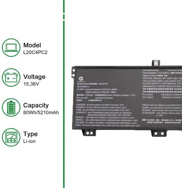 Alt view image 2 of 5 - JIAZIJIA L20C4PC2 5B11B53889 SB11B53887 Laptop Battery Replacement for Lenovo Legion 5-17ACH6 5-17ACH6H 5-17ITH6 5-17ITH6H Series Notebook L20M4PC2 5B11B53885 SB11B53884 15.36V 80Wh 5210mAh