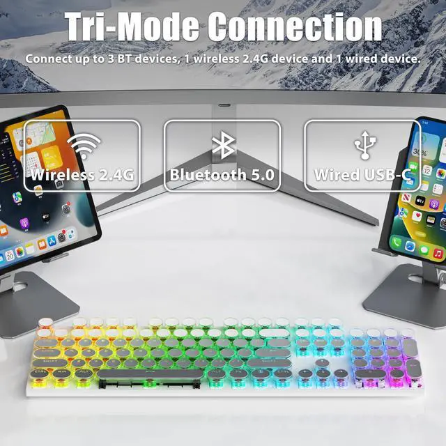 Alt view image 3 of 5 - TISHLED Tri-Mode Typewriter Style Mechanical Gaming Keyboard, Bluetooth 5.0/Wireless 2.4G/Wired USB, RGB LED Backlit 104-Key NKRO Linear Red Switches Aesthetic Round Keycaps, Gradient Grey