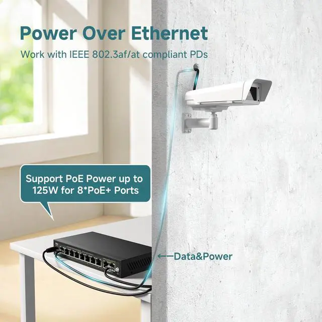 Alt view image 3 of 5 - DBIT Unmanaged 10-Port PoE Network Switch, 8* 10/100Mbps PoE+ Ports, 2 Gigabit Uplink Ports, 802.3af/at, Desktop/Wall-Mount, Plug & Play, Support Extend/VLAN Mode, Metal Case Fanless, 130W (WS1082A)