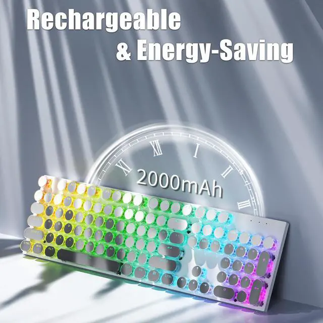 Alt view image 5 of 5 - TISHLED Tri-Mode Typewriter Style Mechanical Gaming Keyboard, Bluetooth 5.0/Wireless 2.4G/Wired USB, RGB LED Backlit 104-Key NKRO Linear Red Switches Aesthetic Round Keycaps, Gradient Grey