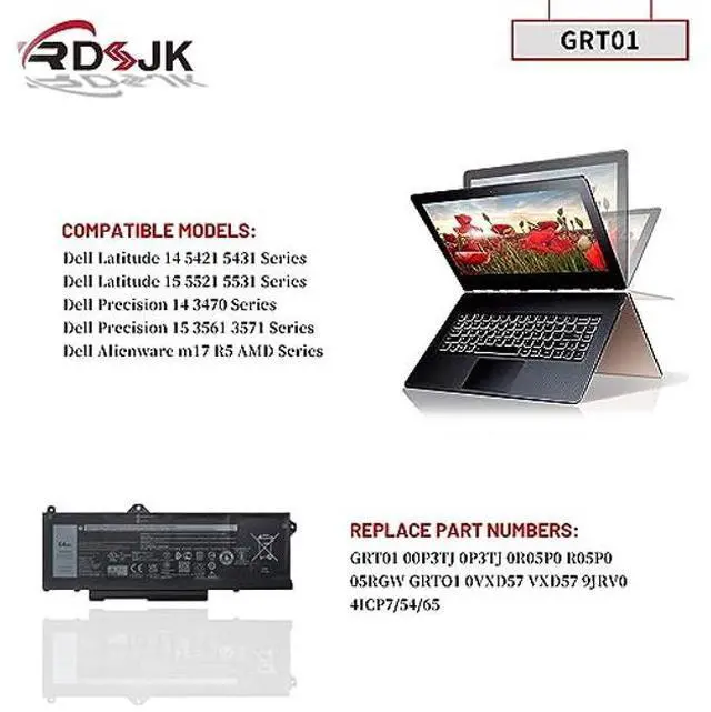 Alt view image 3 of 5 - GRT01 R05P0 VXD57 Laptop Battery for Dell Latitude 5421 5431 5521 5531 Precision 3470 3561 3571 Alienware m17 R5 AMD Series 00P3TJ 0P3TJ 0R05P0 005RGW 05RGW GRTO1 0VXD57 53XPY 53XP7 053XP7 15.2V 64Wh