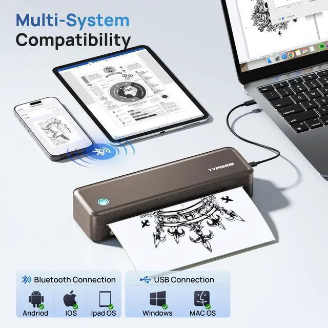 Alt view image 2 of 5 - TYPONOS Portable Printers Wireless for Travel, D820 Thermal Inkless Printer Support Sizes from 8.5" x 11" to 2" Width, Suitable for Smartphone & PC, Bluetooth Printers for Home Use(Brown, 1Pack)