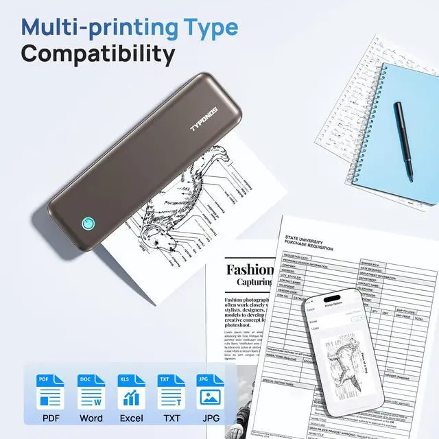 Alt view image 3 of 5 - TYPONOS Portable Printers Wireless for Travel, D820 Thermal Inkless Printer Support Sizes from 8.5" x 11" to 2" Width, Suitable for Smartphone & PC, Bluetooth Printers for Home Use(Brown, 1Pack)