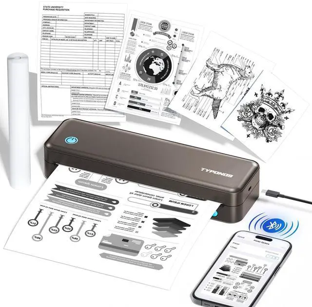 Main image of TYPONOS Portable Printers Wireless for Travel, D820 Thermal Inkless Printer Support Sizes from 8.5" x 11" to 2" Width, Suitable for Smartphone & PC, Bluetooth Printers for Home Use(Brown, 1Pack)