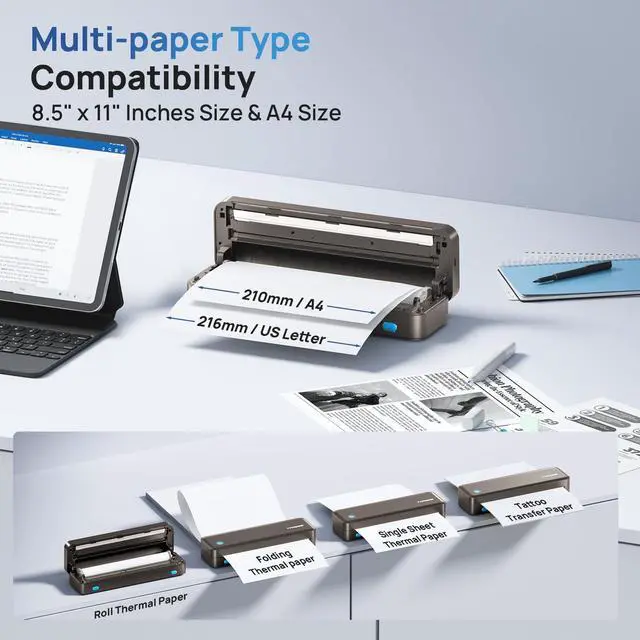 Alt view image 4 of 5 - TYPONOS Portable Printers Wireless for Travel, D820 Thermal Inkless Printer Support Sizes from 8.5" x 11" to 2" Width, Suitable for Smartphone & PC, Bluetooth Printers for Home Use(Brown, 1Pack)