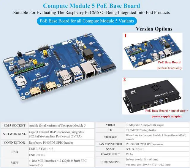 Alt view image 3 of 5 - Compute Module 5 IO Board + Case with PoE Feature, Compatible with Raspberry Pi Compute Module 5 Lite/eMMC, CM5 Kit Comes with Compute Module 5 PoE Base Board+ Metal Case + CM5 Fan + Power Supply