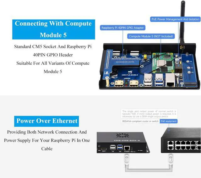 Alt view image 4 of 5 - Compute Module 5 IO Board + Case with PoE Feature, Compatible with Raspberry Pi Compute Module 5 Lite/eMMC, CM5 Kit Comes with Compute Module 5 PoE Base Board+ Metal Case + CM5 Fan + Power Supply