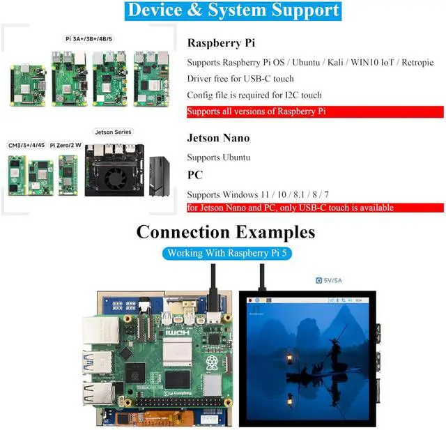 Alt view image 4 of 5 - 4inch HDMI LCD Square Capacitive Touch Screen Compatible with Raspberry Pi 5/4B/3B+/3B/2B/Zero/Zero W//Zero 2W/Jetson Nano/Windows 11/10/8.1/8/7, 720x720 Resolution, IPS Display, USB-C Port