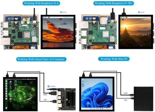 Alt view image 5 of 5 - 4inch HDMI LCD Square Capacitive Touch Screen Compatible with Raspberry Pi 5/4B/3B+/3B/2B/Zero/Zero W//Zero 2W/Jetson Nano/Windows 11/10/8.1/8/7, 720x720 Resolution, IPS Display, USB-C Port