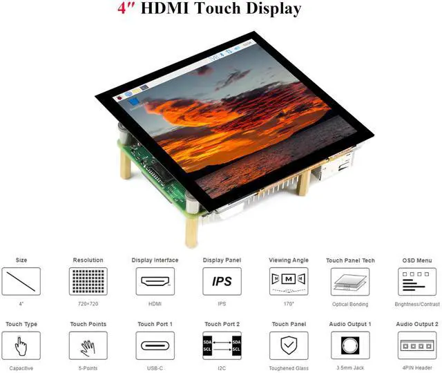 Alt view image 3 of 5 - 4inch HDMI LCD Square Capacitive Touch Screen Compatible with Raspberry Pi 5/4B/3B+/3B/2B/Zero/Zero W//Zero 2W/Jetson Nano/Windows 11/10/8.1/8/7, 720x720 Resolution, IPS Display, USB-C Port