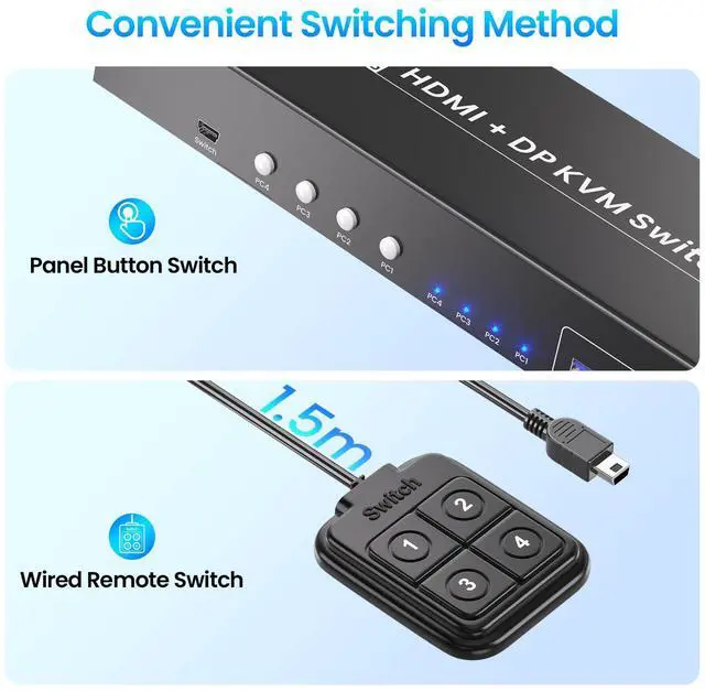 Alt view image 5 of 5 - USB 3.0 4 Port HDMI + Displayport KVM Switch 2 Monitors 4 Computers, 4K60Hz Dual Monitor HDMI DP KVM Switch for 4 Computers Sharing 1 Set of Keyboard, Mouse and 2 Monitors