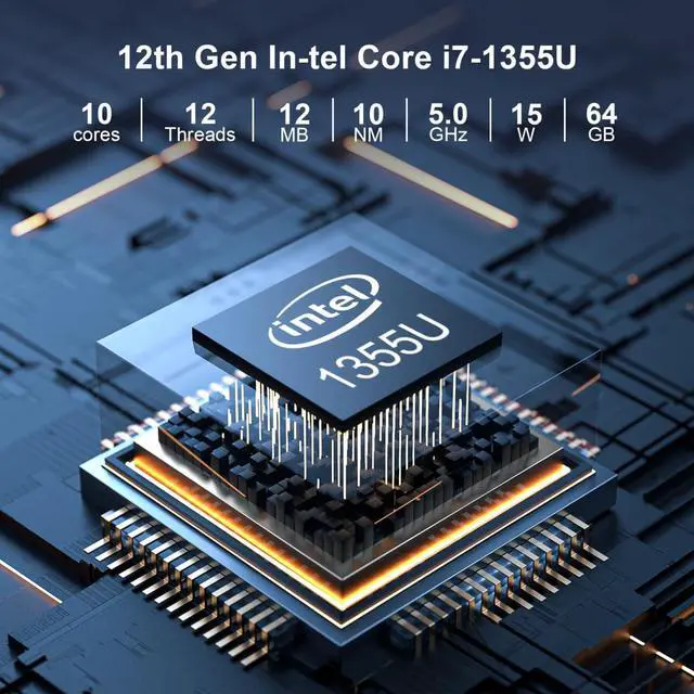 Alt view image 2 of 5 - 13th Gen Mini PC Fanless Desktop PC Core i7 1355U (up to 5.0GHz), Micro PC with Win11 pro, Dual 2.5G LAN Office PC, Dual HD, Display port, USB-C, WiFi6, BT5.2, 16GB RAM 512GB NVME SSD, Auto power on