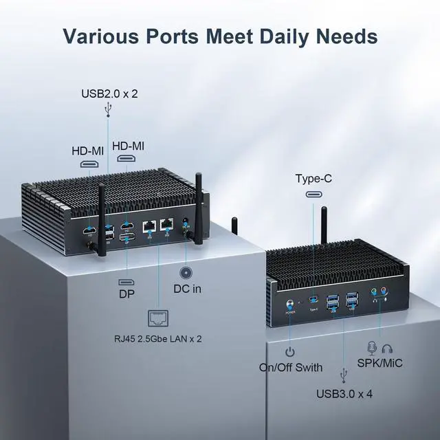 Alt view image 3 of 5 - 13th Gen Mini PC Fanless Desktop PC Core i7 1355U (up to 5.0GHz), Micro PC with Win11 pro, Dual 2.5G LAN Office PC, Dual HD, Display port, USB-C, WiFi6, BT5.2, 16GB RAM 512GB NVME SSD, Auto power on