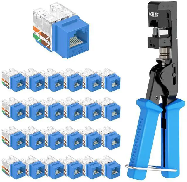Main image of VCE RJ45 Cat6 Keystone Jacks Slim Profile UL-Listed 25-Pack Blue with Speed Termination Keystone Tool