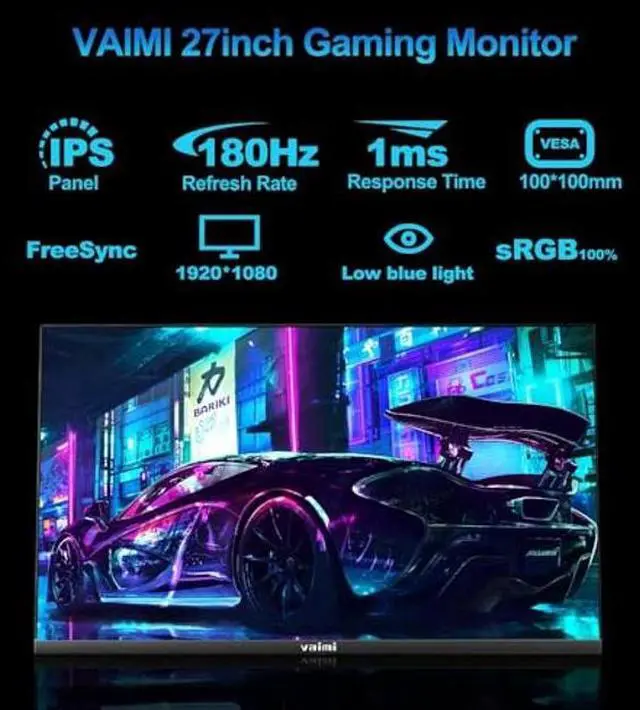 Alt view image 2 of 5 - VAIMI Gaming Monitor 27 inch 180Hz 1ms PC Gaming Computer Monitor -FHD 1080P, FreeSync, 1 x HDMI 2.1, 1 x Display Port 1.4, 1 x USB, IPS, Blacklevel Adjust, VESA Compatible,Black