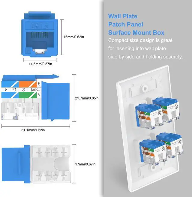 Alt view image 4 of 5 - VCE RJ45 Cat6 Keystone Jacks Slim Profile UL-Listed 25-Pack Blue with Speed Termination Keystone Tool