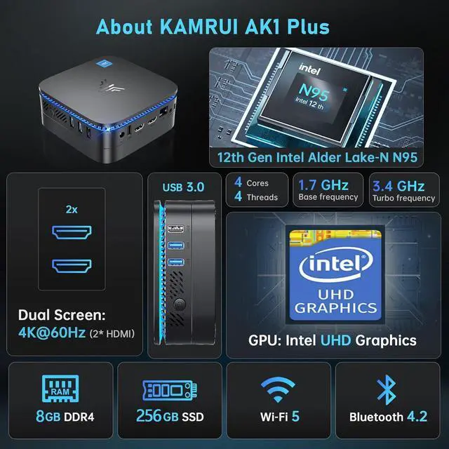 Alt view image 2 of 5 - KAMRUI AK1PLUS N95 Mini PC (up to 3.4GHz), Mini Computer 8GB DDR4 RAM 256GB M.2 SSD, Desktop Computer Support 2.5" SSD, Dual 4K, WiFi, Ethernet for Business, Office, Home