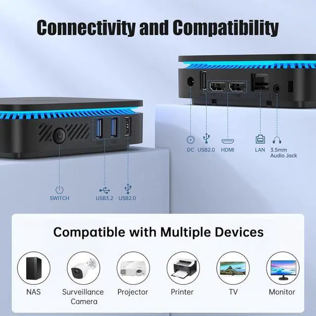 Alt view image 4 of 5 - KAMRUI AK1PLUS N95 Mini PC (up to 3.4GHz), Mini Computer 8GB DDR4 RAM 256GB M.2 SSD, Desktop Computer Support 2.5" SSD, Dual 4K, WiFi, Ethernet for Business, Office, Home