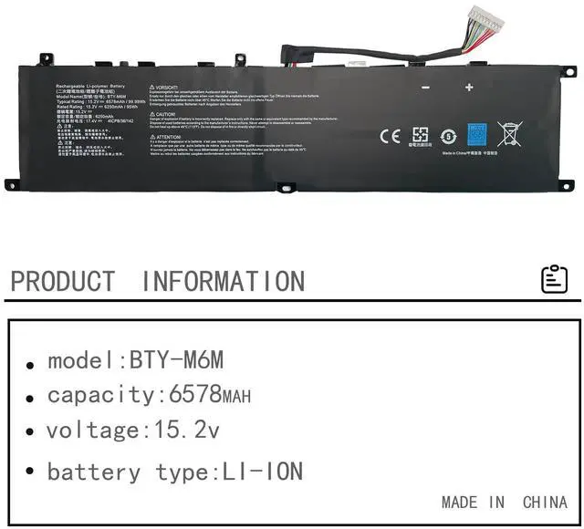 Alt view image 2 of 5 - Hubei BTY-M6M Laptop Battery Replacement for MSI Creator 15 A10SD A10SF GS66 Stealth 10SFS 10SGS 10SE-045 10UG GE66 Raider 10SFS WS66 10TMT-207US GE76 Raider 10UH Series (15.2V 99Wh 6250mAh)