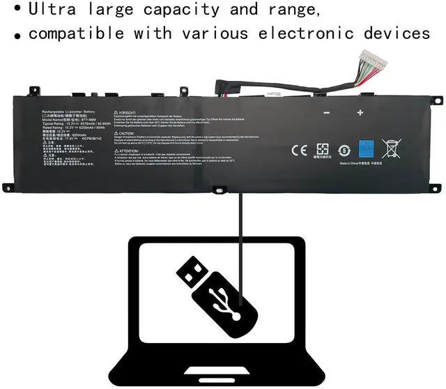 Alt view image 3 of 5 - Hubei BTY-M6M Laptop Battery Replacement for MSI Creator 15 A10SD A10SF GS66 Stealth 10SFS 10SGS 10SE-045 10UG GE66 Raider 10SFS WS66 10TMT-207US GE76 Raider 10UH Series (15.2V 99Wh 6250mAh)