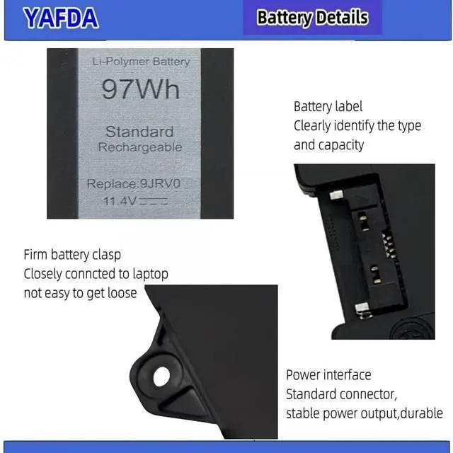 Alt view image 4 of 5 - Yafda 9JRV0 Laptop Battery Replacement for Dell Dell Latitude 5521 5531 Precision 3561 3571 3581 3591 Alienware m17 R5 AMD/Alienware m18 R1 R2 / Alienware m18 R1 AMD Series 0P3TJ 0R05P0 05RGW