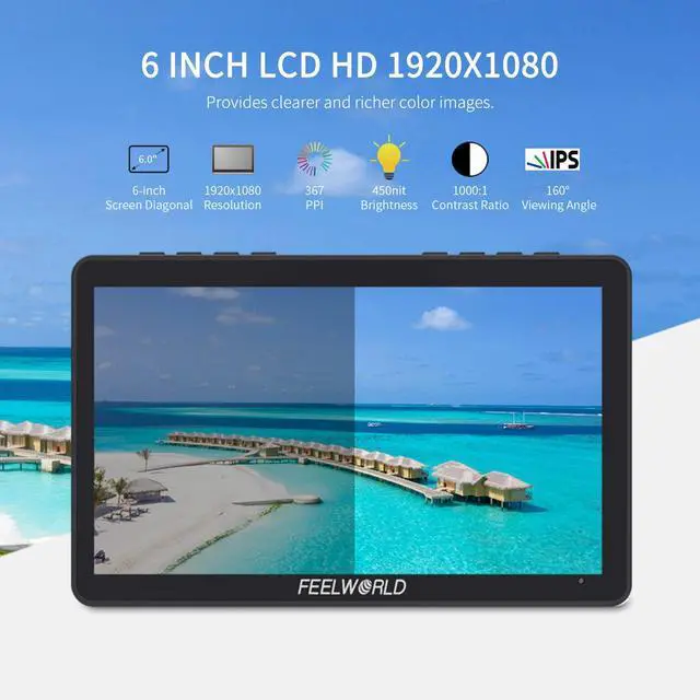 Alt view image 2 of 5 - FEELWORLD Video Camera Monitor 6 Inch Touch Screen DSLR HDMI Field Monitor with F750 Battery 4400mAh + Bag IPS FHD1920x1080 4K HDMI Input Output 5 V Type c Input F5PROV4