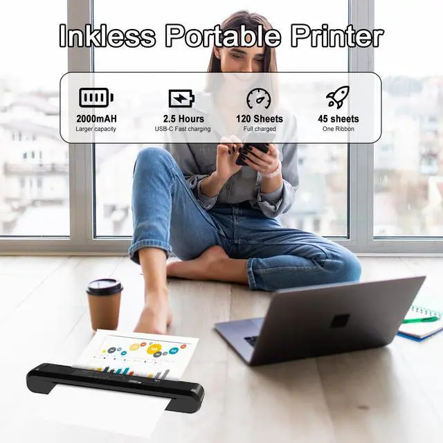 Alt view image 3 of 5 - YOULABLE Portable Printers Wireless for Travel - 300 DPI Bluetooth Thermal Printer Support 8.5x11 US Letter & A4 Regular Copy Paper, Inkless Printer Compatible with Mobile & Laptop for Home Office